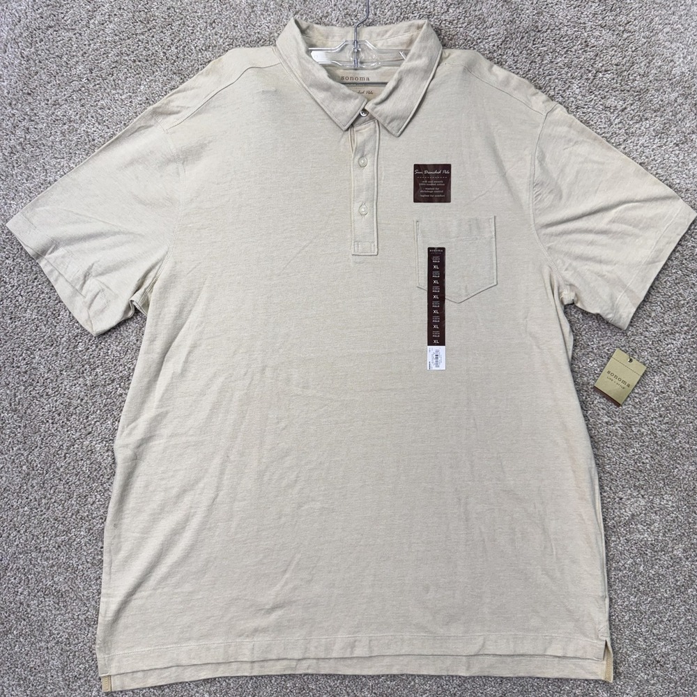Sonoma Polo Shirt Mens XL Sun Drenched Khaki Stripe Short Sleeve Pocket NEW